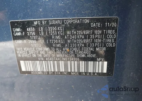 2021 Subaru Outback from USA, damaged, VIN 4S4BTAAC7M3134308